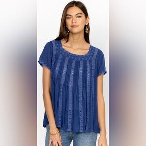 Johnny Was Brigita Embroidered Lace Pintuck Boho Blouse Blue Size L P25